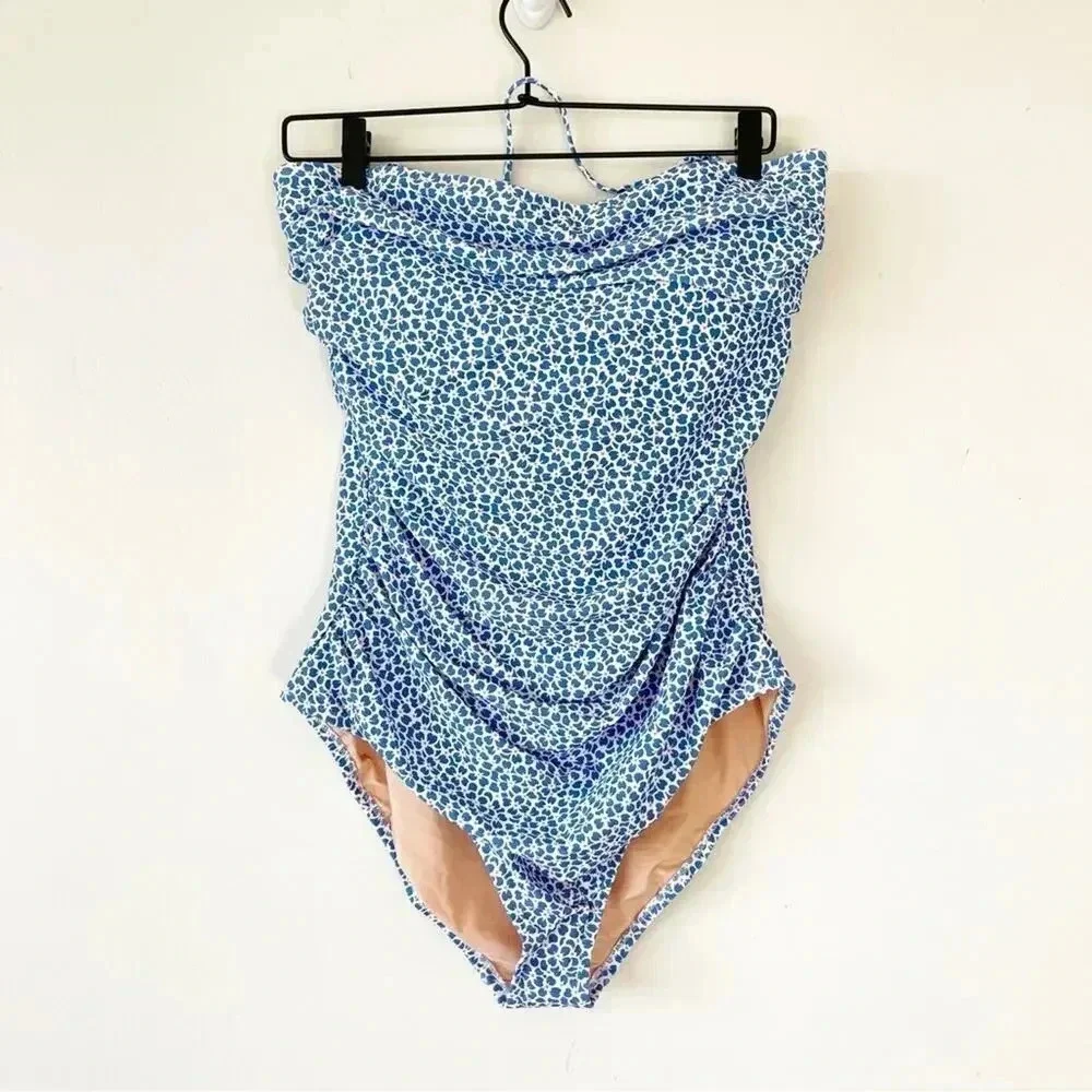 J Crew Factory Printed strapless one piece swimsuit Seacoast Blue Size XL NWT